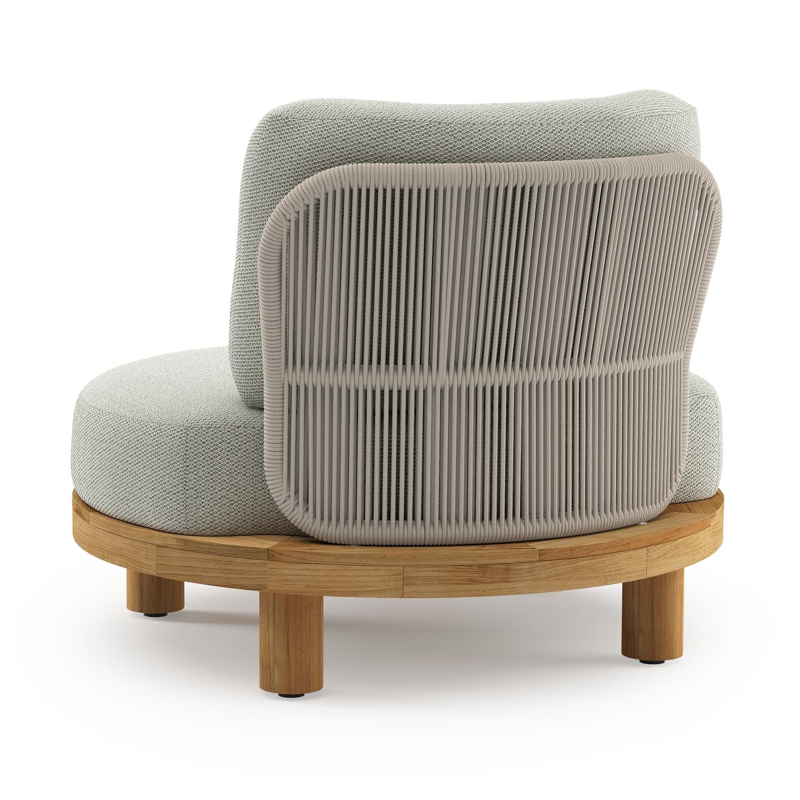 Donato loungestoel in teak en beige verticaal geweven ronde rope met all weather sunbrella® luxe Lopi Bud kussen