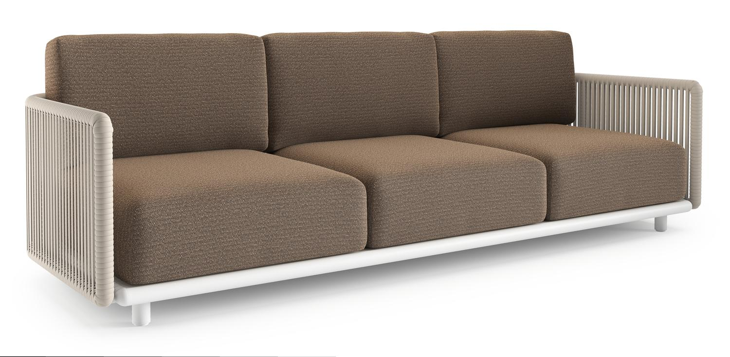 Organo loungebank in wit aluminium en beige verticaal geweven luxe vlakke rope met firenze bamboe all weather Solica kussen