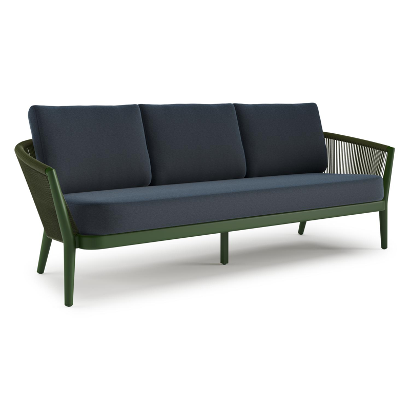 Orso loungebank in groen aluminium en groen verticaal geweven ronde rope met Heritage Indigo All Weather Sunbrella® luxe kussen