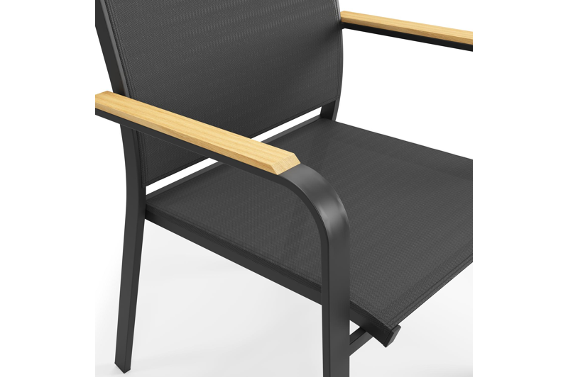 Amalfi tuinset met verlengbare tafel in zwart aluminium en teak tafelblad met 8 stapelbare Amalfi tuinstoelen