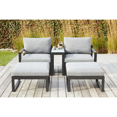 Caldela loungeset in zwart aluminium met grijs polyester kussens en loungetafel