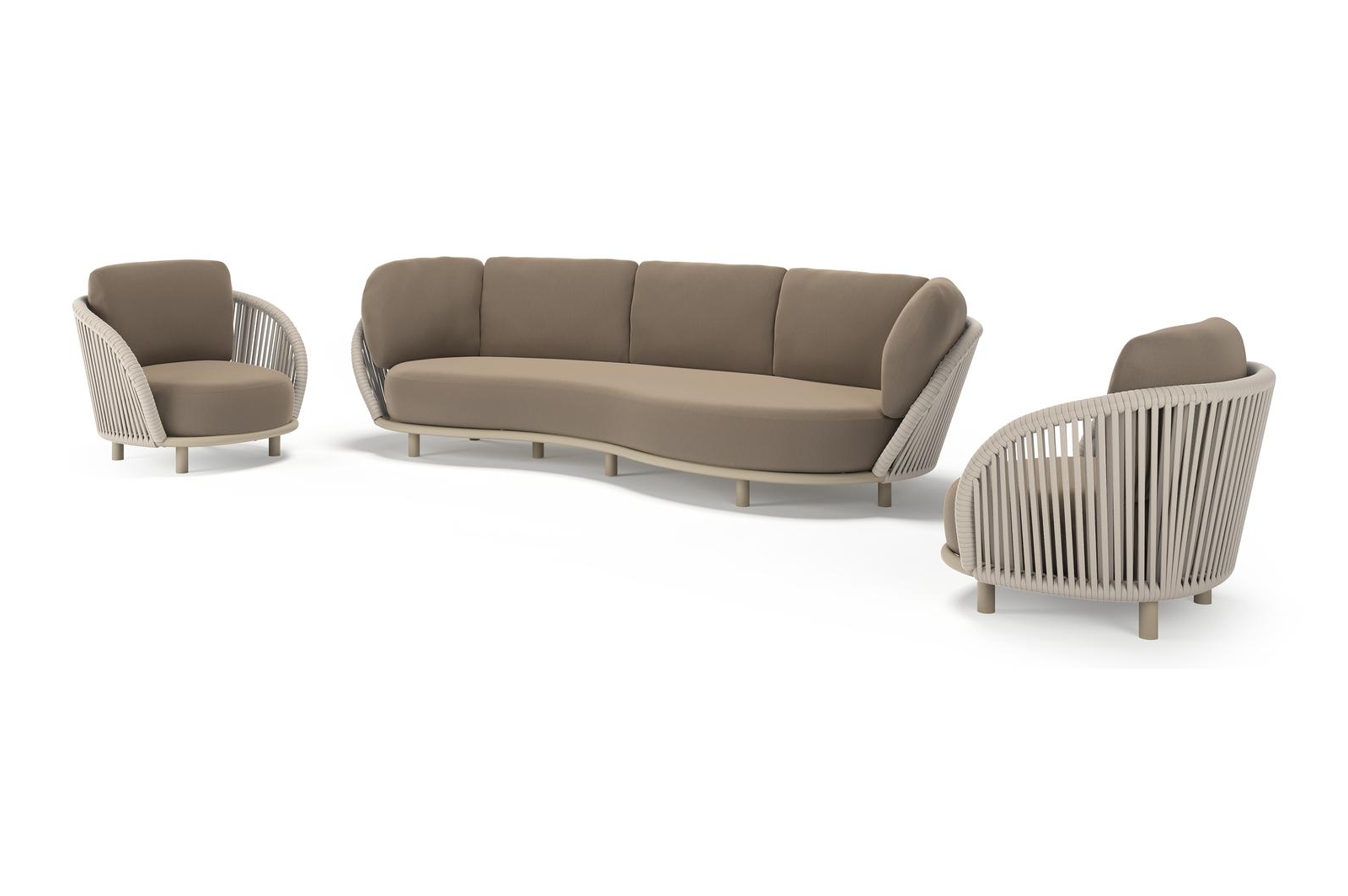 Lupino loungeset in beige aluminium en beige verticaal geweven luxe vlakke brede rope met natte heather grey all weather sunbrella® luxe kussen