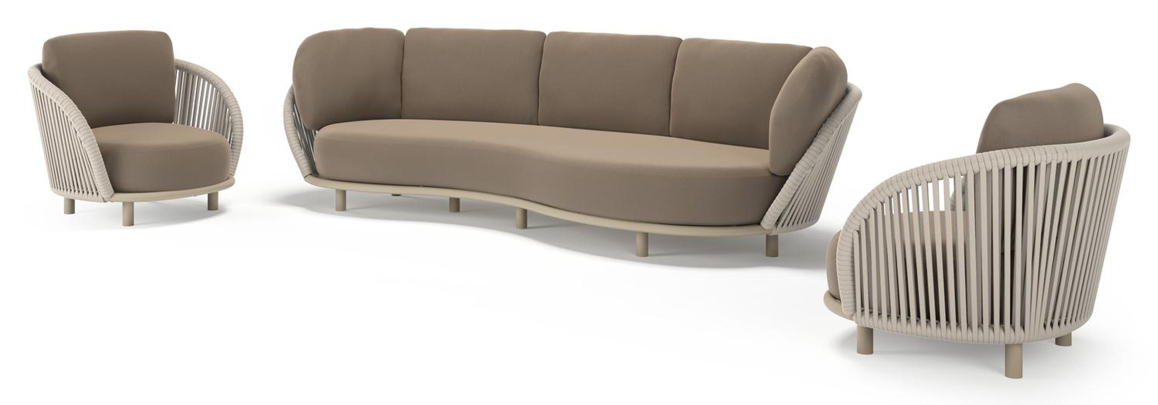 Lupino loungeset in beige aluminium en beige verticaal geweven luxe vlakke brede rope met natte heather grey all weather sunbrella® luxe kussen