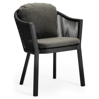 Nano tuinstoel in zwart aluminium en zwart verticaal geweven rope met kussen in natte dark taupe all weather sunbrella® luxe