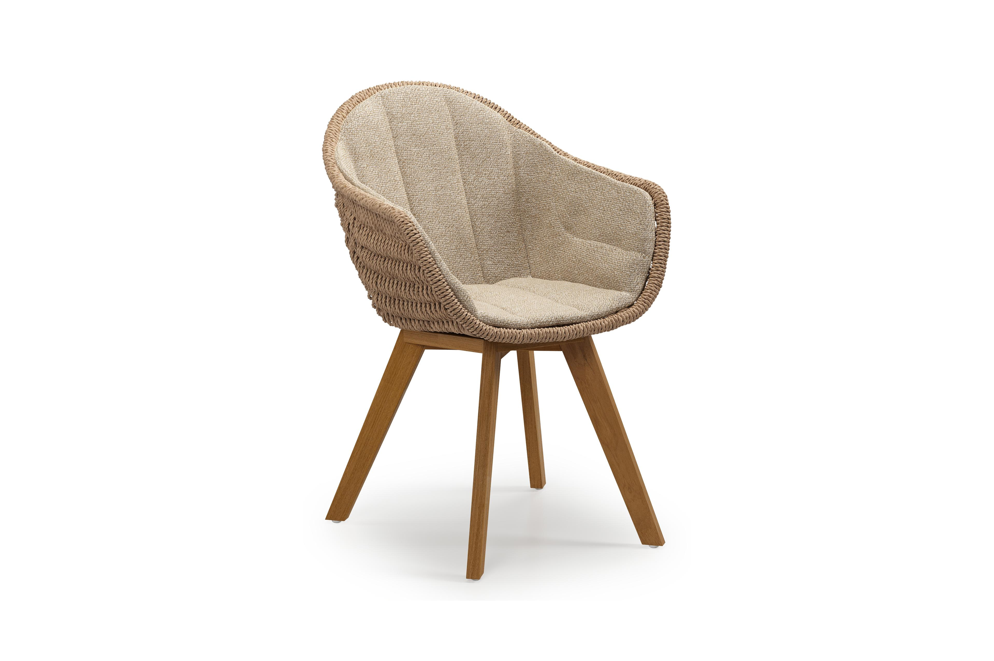 Pagino tuinstoel in teak en naturel ronde wicker met kussen in madagascar oak all weather cosytica