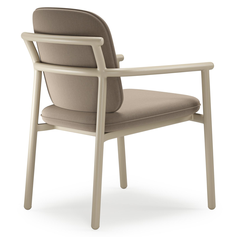 Bono stapelbare tuinstoel in beige aluminium met stoelkussen in All Weather Sunbrella® Luxe Natte Heather Grey