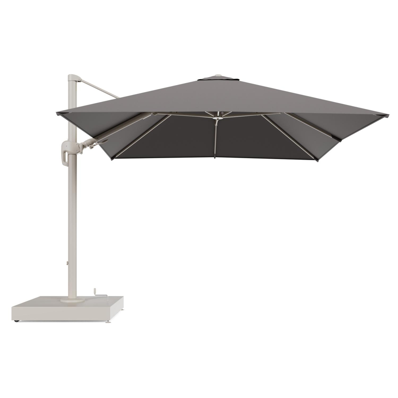 Rufina zweefparasol met tiltfunctie in beige aluminium en Natte Nature Grey All Weather Sunbrella® Luxe parasoldoek - L1 300 x L2 300 cm met parasolvoet Minore 260 kg met wielen