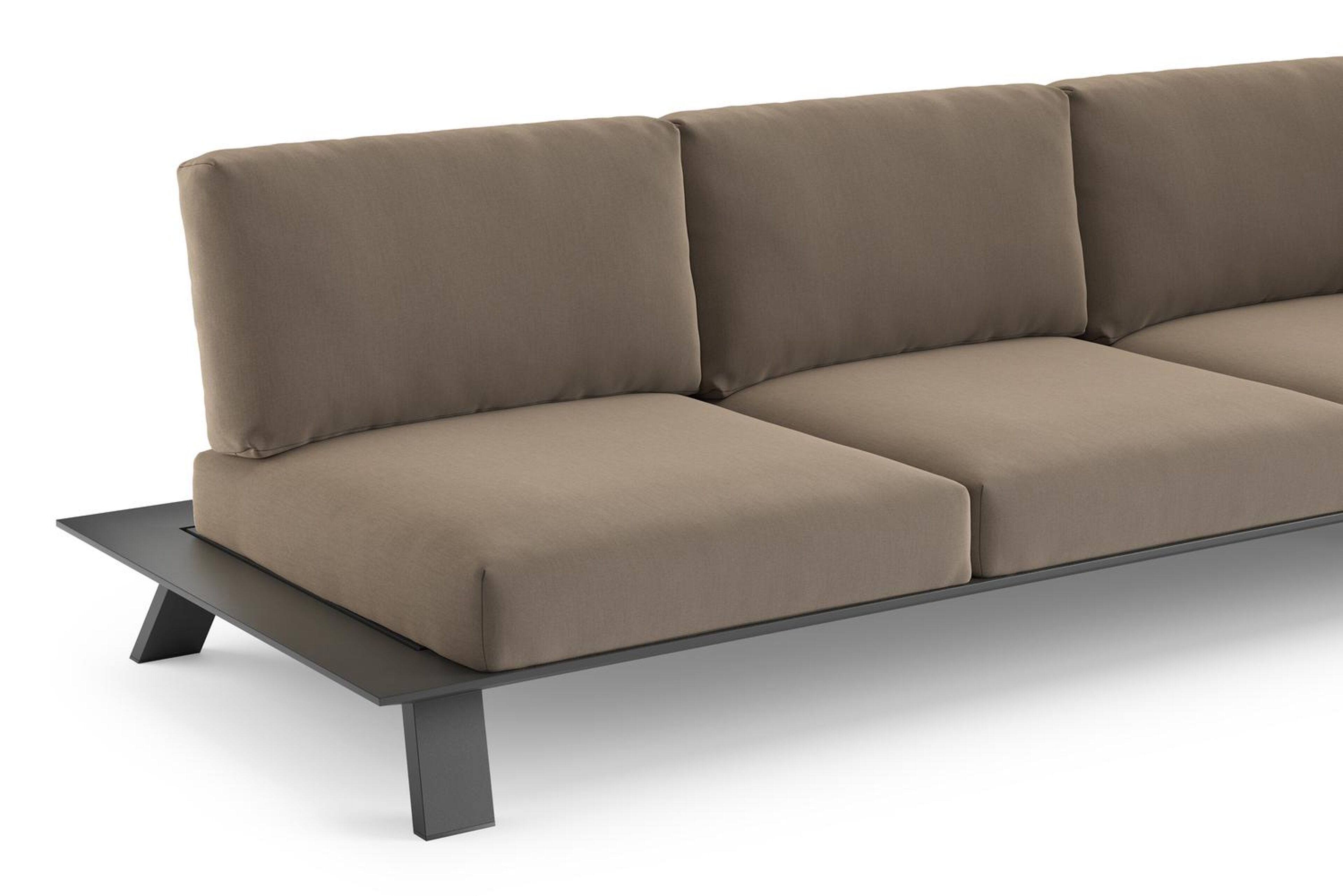 Salon de jardin d'angle Cesano en aluminium noir et coussin en all weather Sunbrella® luxe natte heather grey