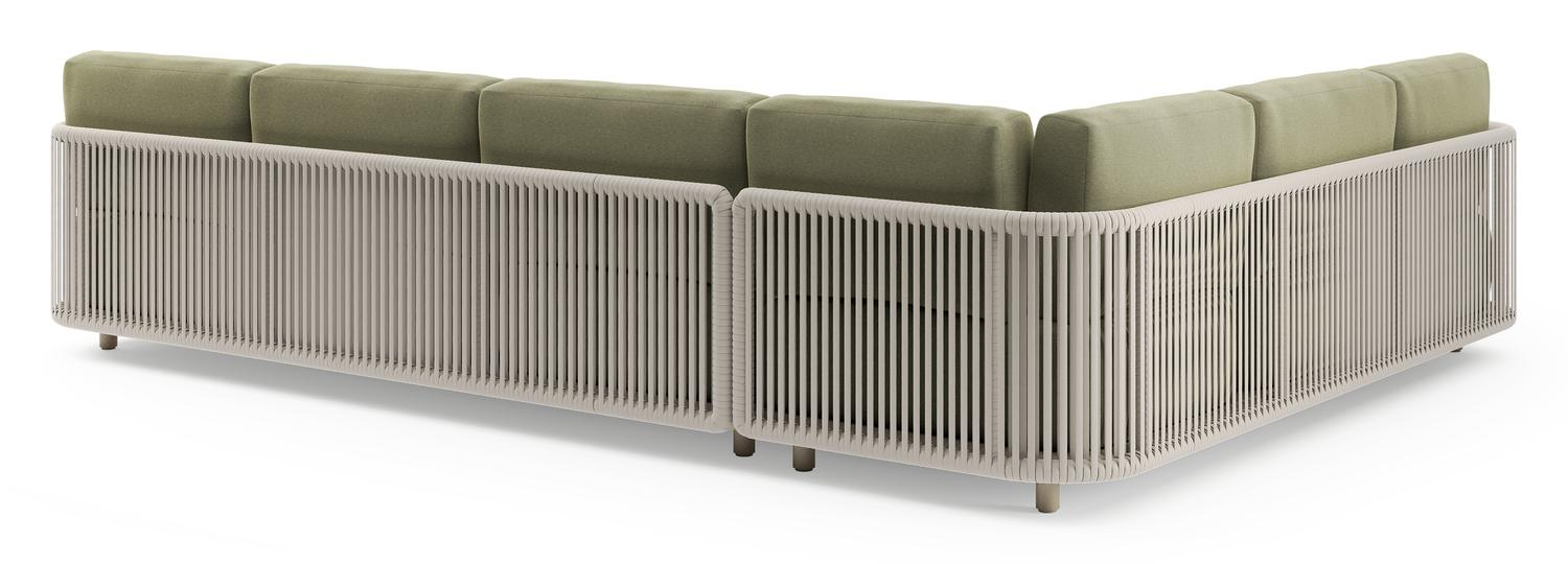 Salon de jardin d'angle Organo en aluminium beige et corde luxe plate tissée verticalement beige et coussin en all weather Sunbrella® luxe heritage leaf