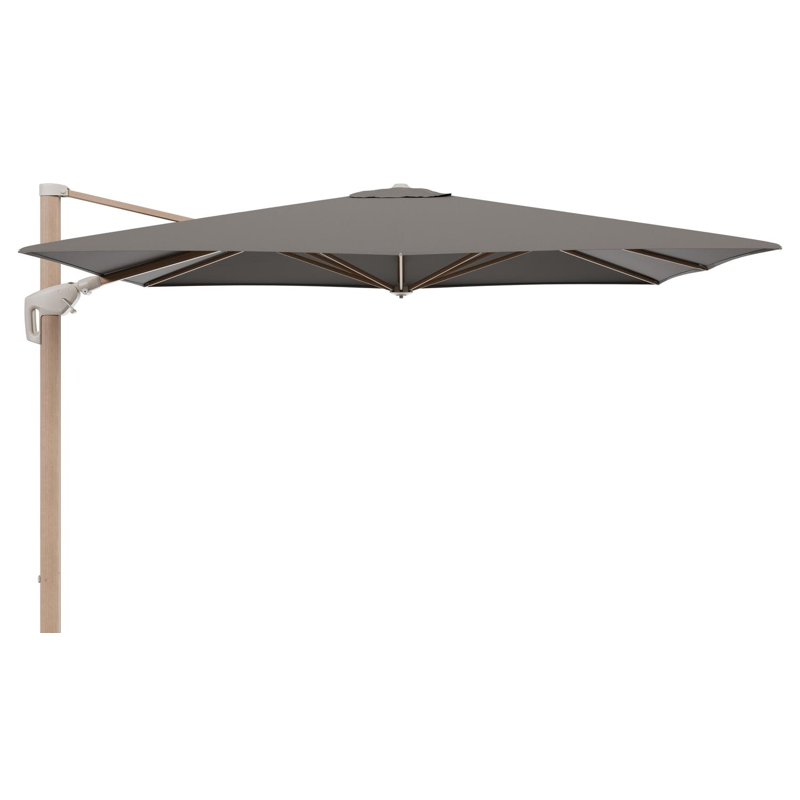 Minore zweefparasol met tiltfunctie in houtlook aluminium en Natte Carbon beige All Weather Sunbrella® Luxe parasoldoek - L1: 280 x L2: 370 cm (zonder voet)