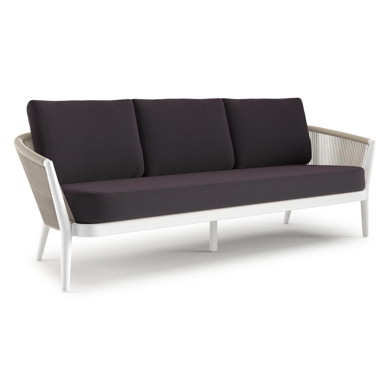 Canapé de jardin Orso en aluminium blanc en corde ronde tissée verticalement beige et coussins en all weather sunbrella® luxe Tundra Red