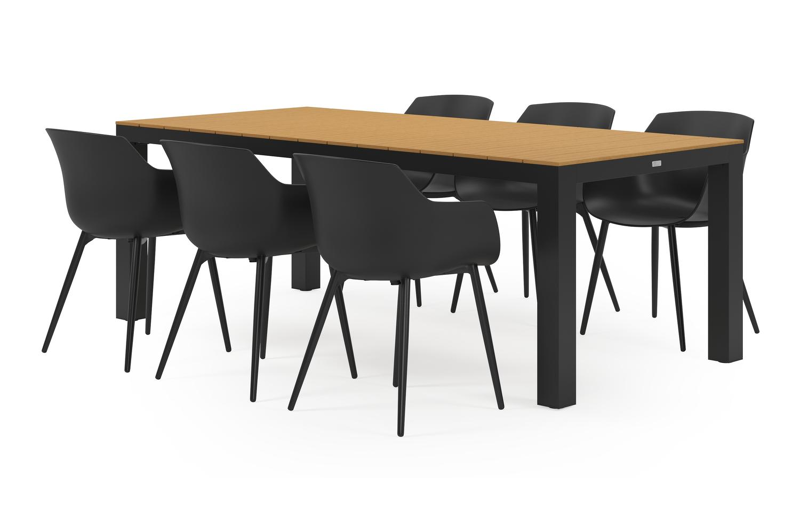 Calzo tuinset in zwart aluminium en polywood tafelblad met 6 Paco tuinstoelen