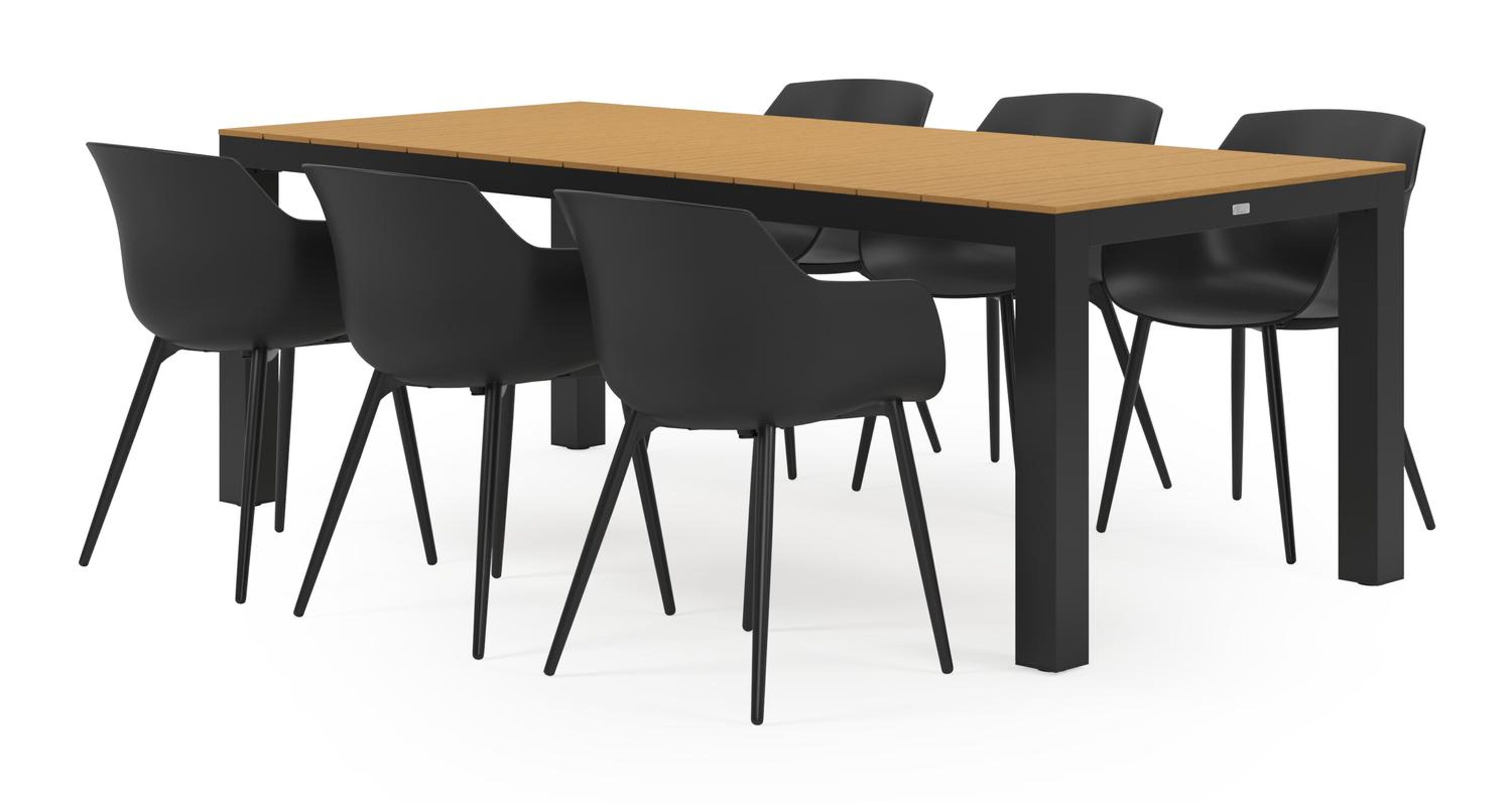 Ensemble de jardin Calzo en aluminium noir avec plateau de table en polywood et 6 chaises de jardin Paco