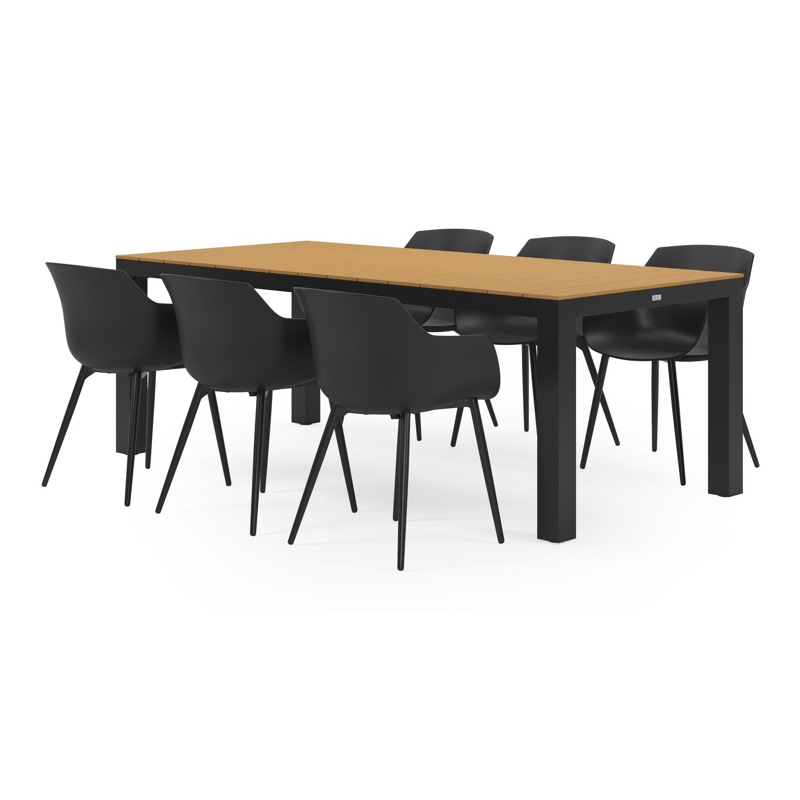 Calzo tuinset in zwart aluminium en polywood tafelblad met 6 Paco tuinstoelen