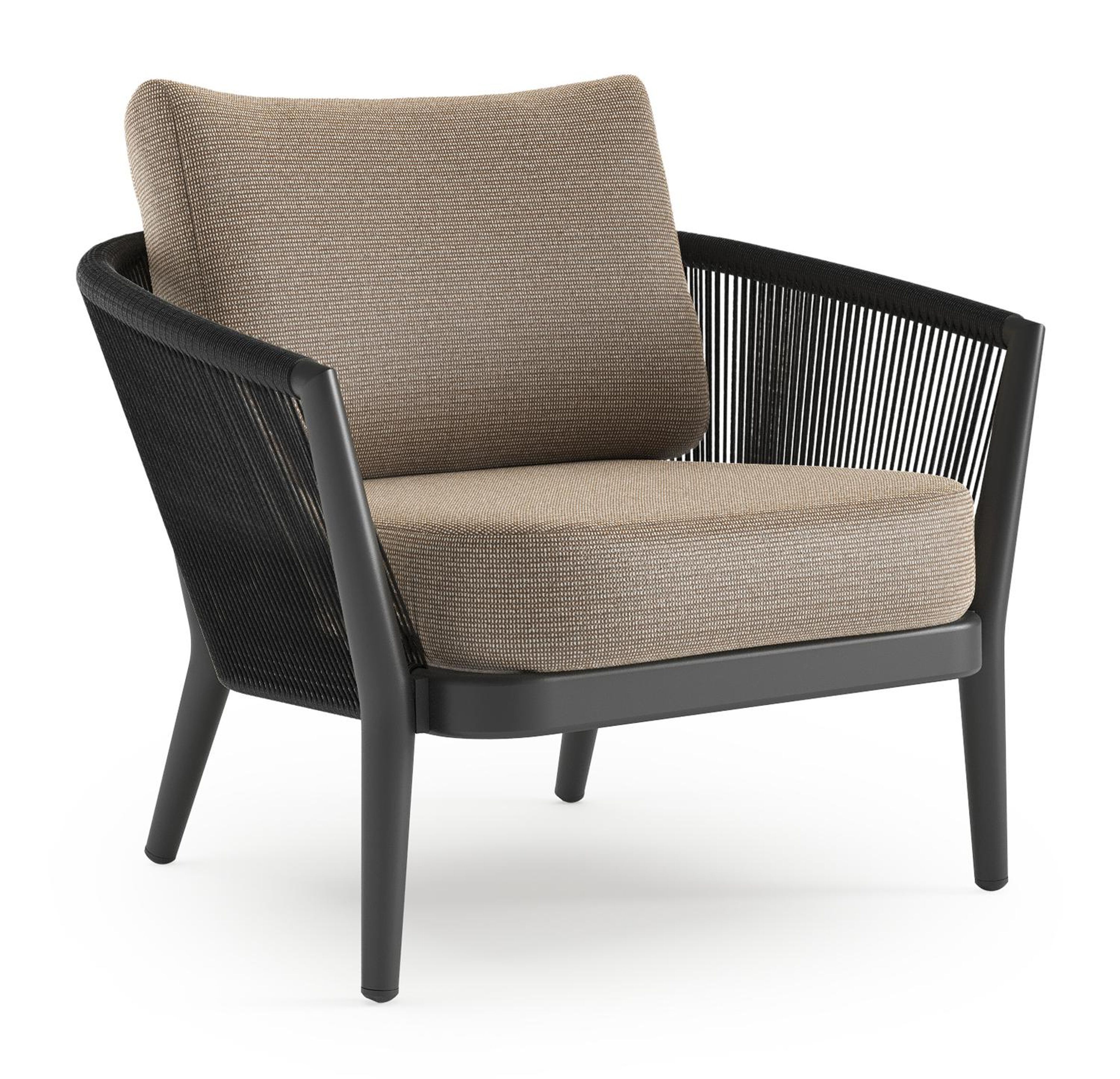 Orso loungestoel in zwart aluminium en zwart verticaal geweven ronde rope met Firenze Earth all weather solica kussen