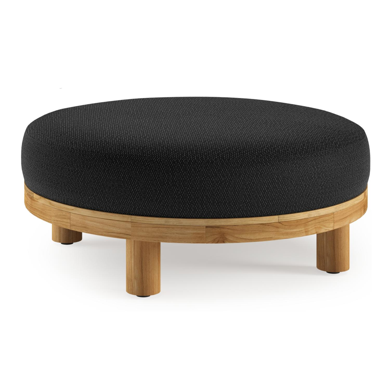 Donato lounge poef in teak en beige verticaal geweven ronde rope met all weather sunbrella® luxe Lopi Baribal kussen