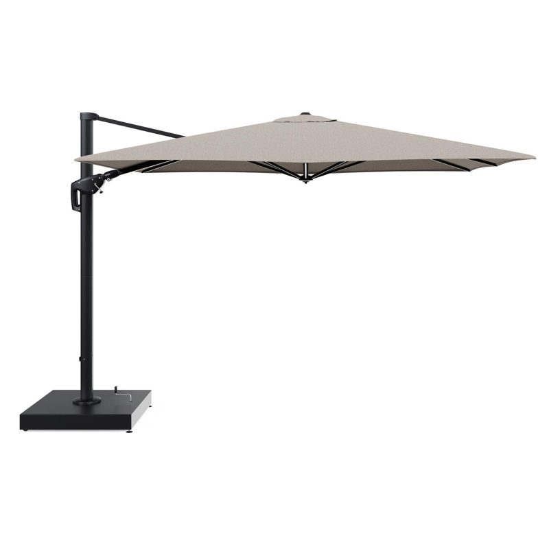Parasol pendant Minore avec fonction tilt en aluminium noir et toile de parasol All Weather Sunbrella® Luxe Chartres Pewter - Lg.1: 280 x Lg.2: 370 cm avec pied de parasol Minore 260 kg avec roulettes
