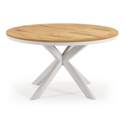 Pamplona tuintafel rond in wit aluminium en teak Naturel - Dia. 140 x H 72 cm