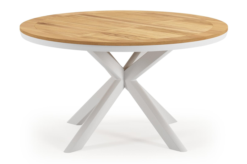 Pamplona tuintafel rond in wit aluminium en teak Naturel - Dia. 140 x H 72 cm