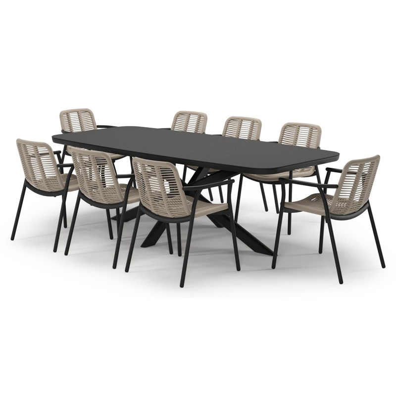 Pamplona tuinset in zwart aluminium en notte minerale sintered stone met 8 stapelbare Berga tuinstoelen