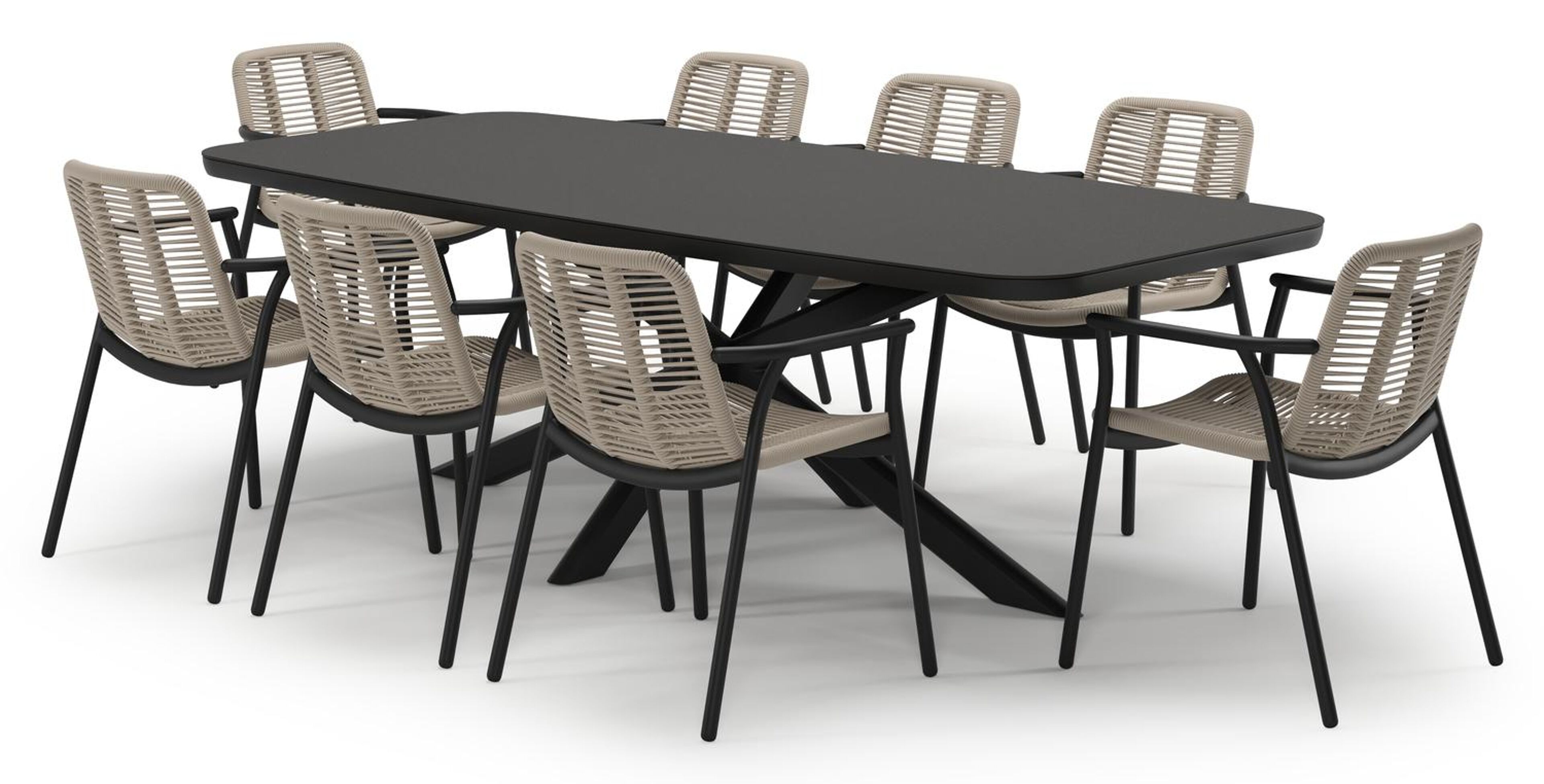 Pamplona tuinset in zwart aluminium en notte minerale sintered stone met 8 stapelbare Berga tuinstoelen
