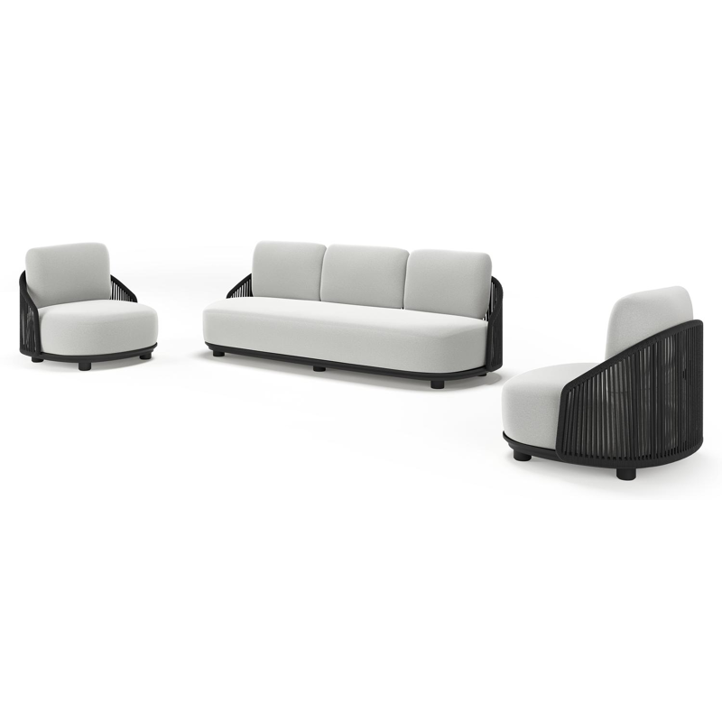 Salon de jardin Vadelo en aluminium noir et corde ronde tissée verticalement noir et coussins en all weather sunbrella® luxe natte grey chine