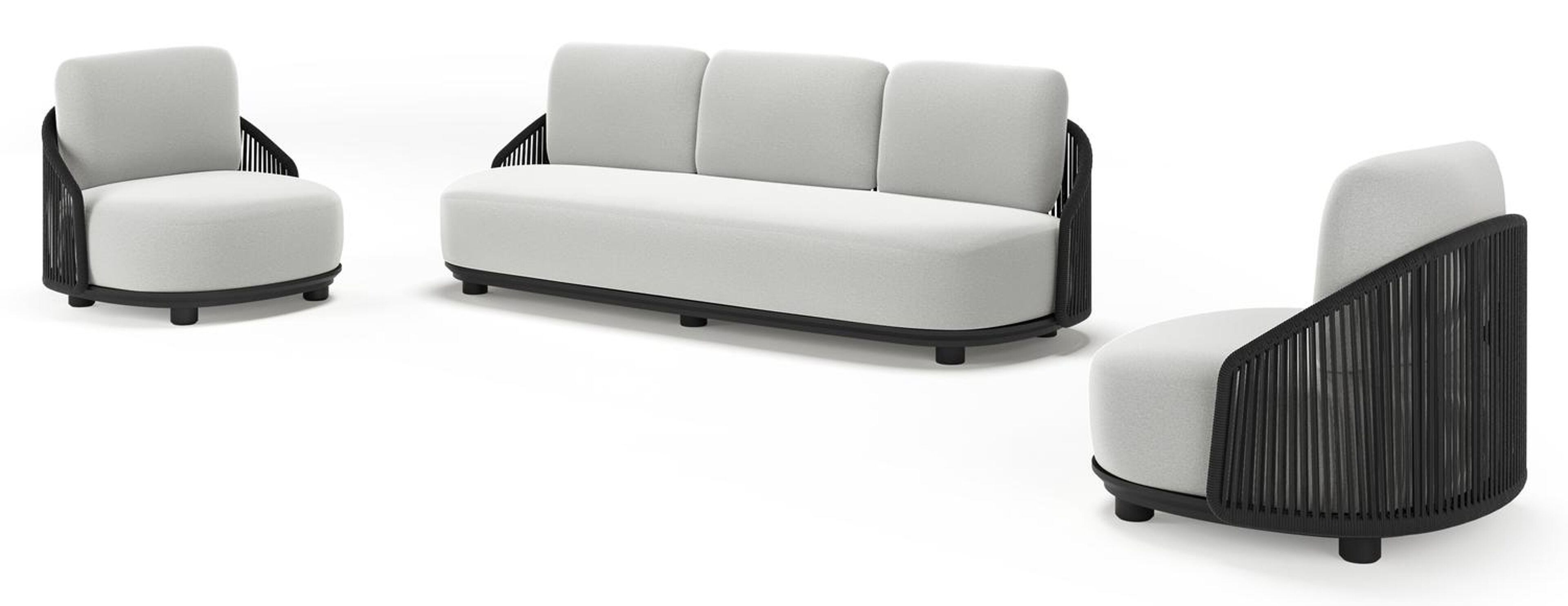 Vadelo loungeset in zwart aluminium en zwart verticaal geweven ronde rope met natte grey chine all weather sunbrella® luxe kussen