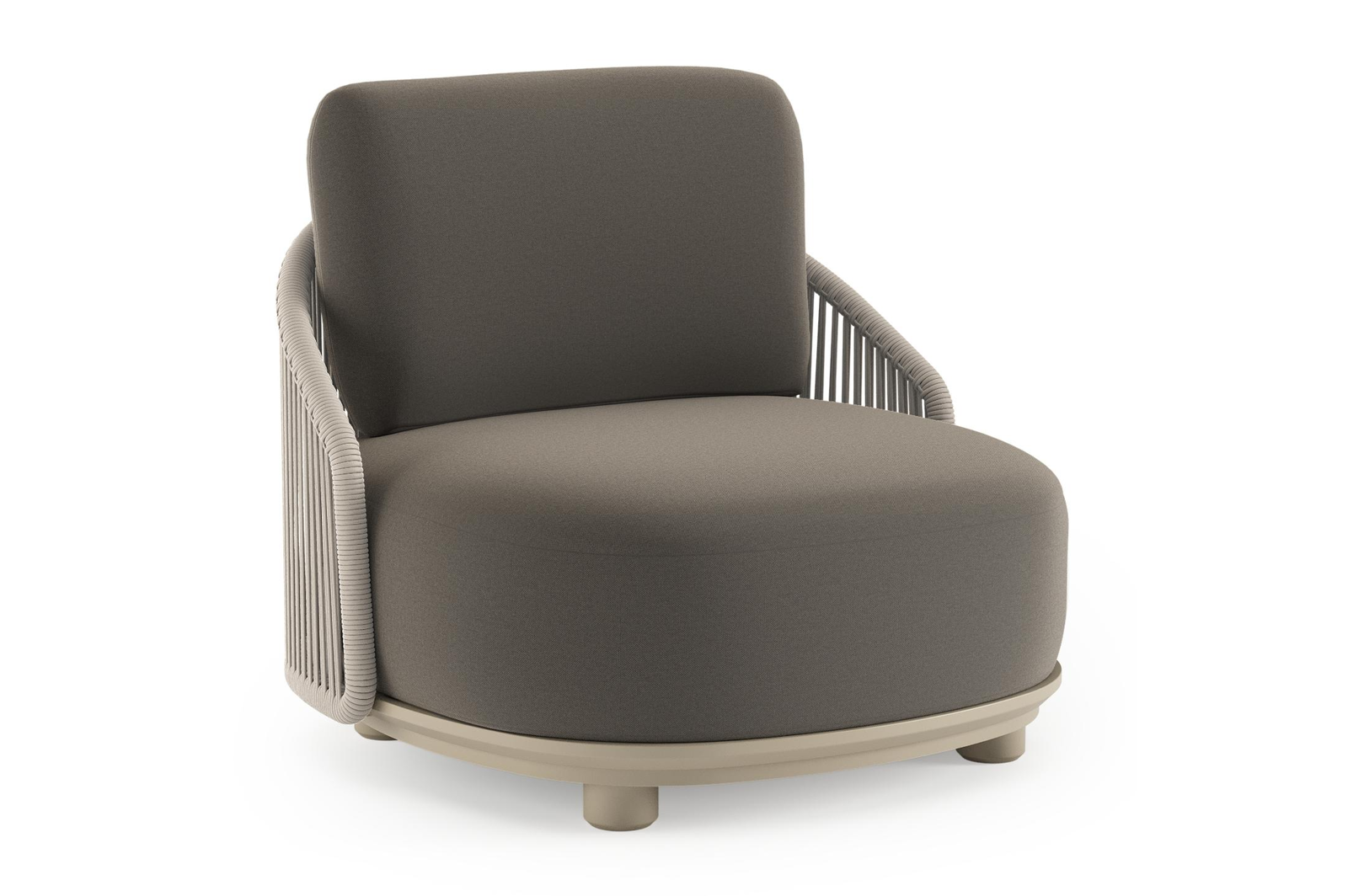 Fauteuil de jardin Vadelo en aluminium beige et corde ronde tissée verticalement beige et coussins en all weather sunbrella® luxe natte carbon beige