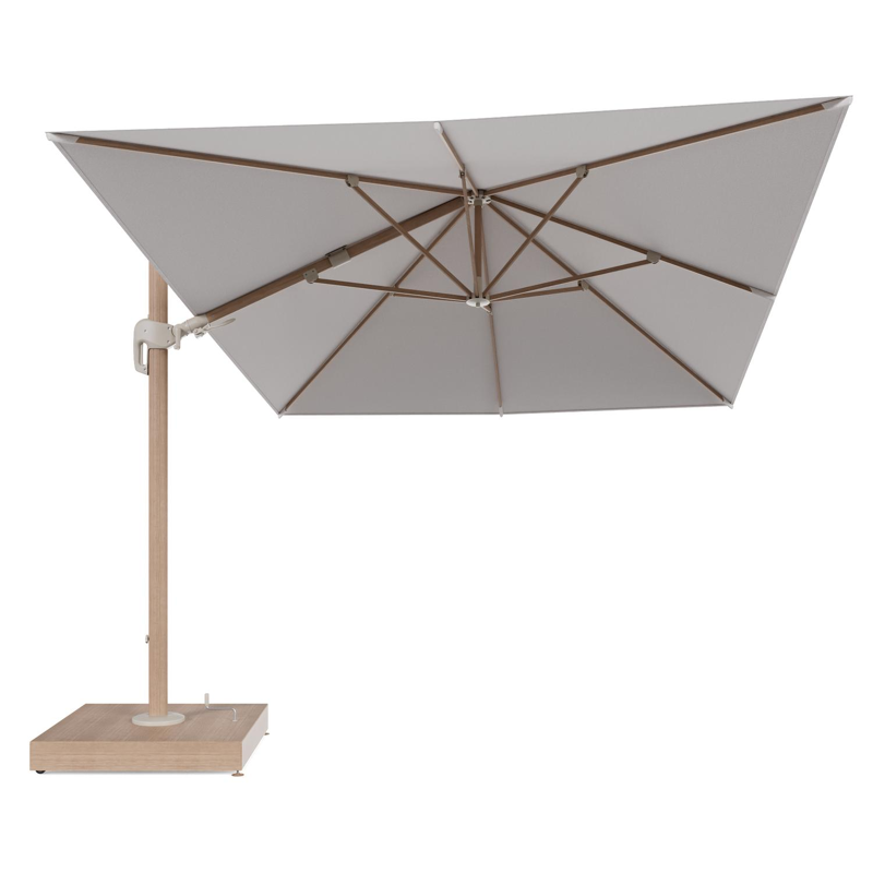 Rufina zweefparasol met tiltfunctie in houtlook aluminium en Ego Eggshell All Weather Solica parasoldoek - L1 400 x L2 300 cm met parasolvoet Minore 260 kg met wielen