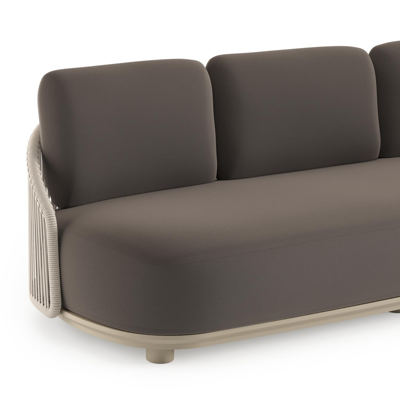 Salon de jardin Vadelo en aluminium beige et corde ronde tissée verticalement beige et coussins en all weather sunbrella® luxe natte nature grey