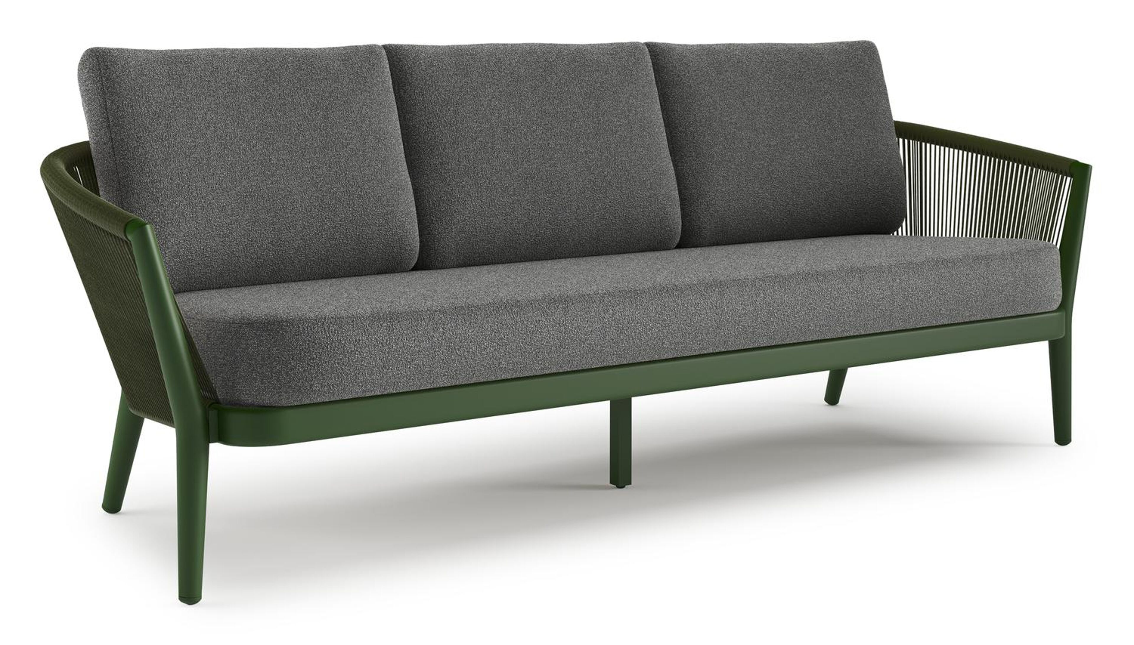 Orso loungebank in groen aluminium en groen verticaal geweven ronde rope met Catania Black all weather cosytica kussen