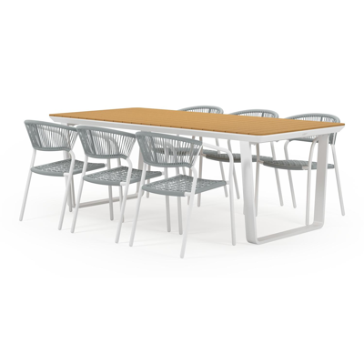 Ensemble de jardin Alora en aluminium blanc avec plateau de table en polywood naturel et 6 chaises de jardin empilables Vigo