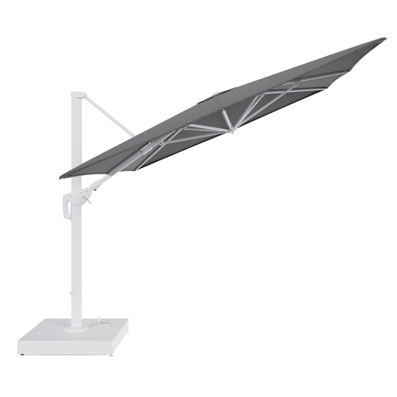 Minore zweefparasol met tiltfunctie in wit aluminium en Firenze Tunder All Weather Solica parasoldoek - L1 400 x L2 300 cm met parasolvoet Minore 260 kg met wielen