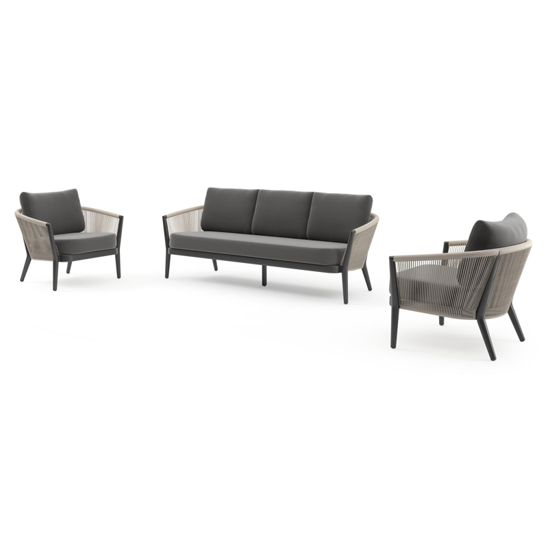 Orso loungeset in zwart aluminium en beige verticaal geweven ronde rope met Natte Charcoal Chine all weather sunbrella® luxe kussen