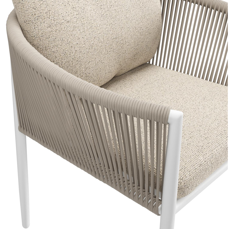 Organo tuinstoel in beige aluminium en beige verticaal geweven ronde rope met stoelkussen in All Weather Cosytica Marbella Beige
