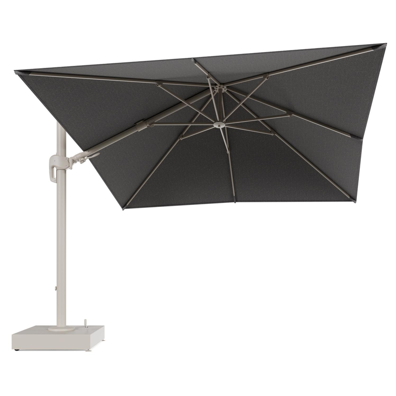 Rufina zweefparasol met tiltfunctie in beige aluminium en Chartres Drizzle All Weather Sunbrella® Luxe parasoldoek - L1 300 x L2 300 cm met parasolvoet Minore 150 kg met wielen