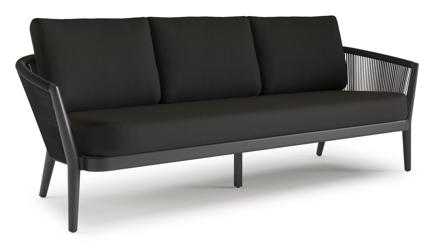 Canapé de jardin Orso en aluminium noir en corde ronde tissée verticalement noir et coussins en all weather sunbrella® luxe Heritage char