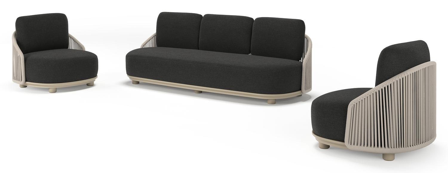 Vadelo loungeset in beige aluminium en beige verticaal geweven ronde rope met chartres sooty all weather sunbrella® luxe kussen