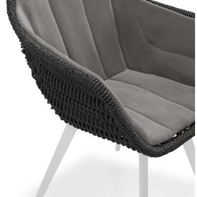 Pagino tuinstoel in wit aluminium en zwart ronde wicker met zitkussen in All Weather Sunbrella® Luxe Natte Charcoal Chine