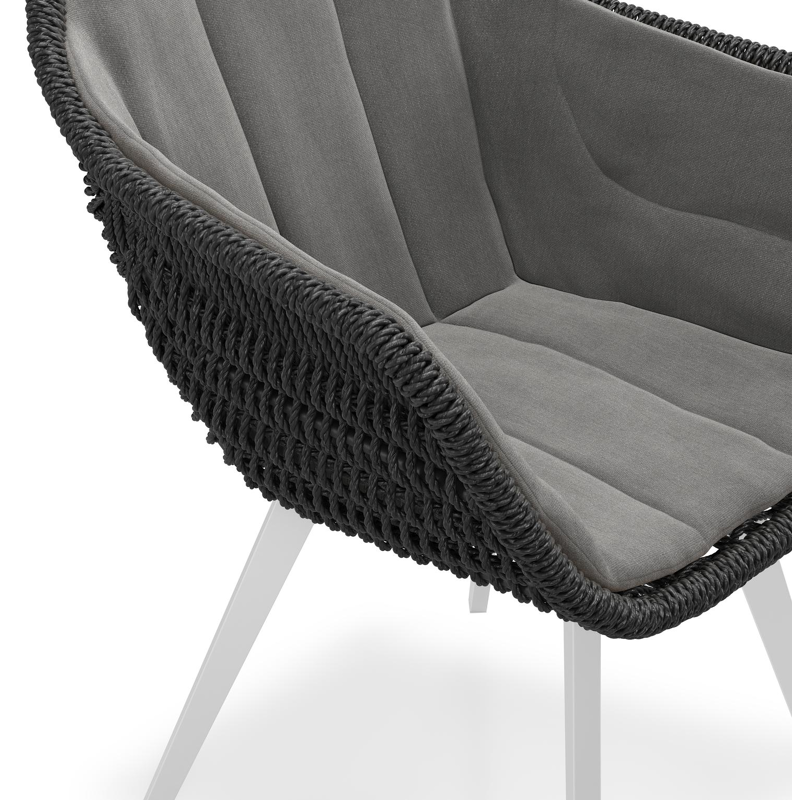 Pagino tuinstoel in wit aluminium en zwart ronde wicker met zitkussen in All Weather Sunbrella® Luxe Natte Charcoal Chine