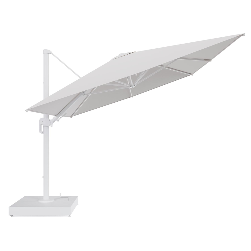 Rufina zweefparasol met tiltfunctie in wit aluminium en Ego Eggshell All Weather Solica parasoldoek - L1 400 x L2 300 cm met parasolvoet Minore 260 kg met wielen