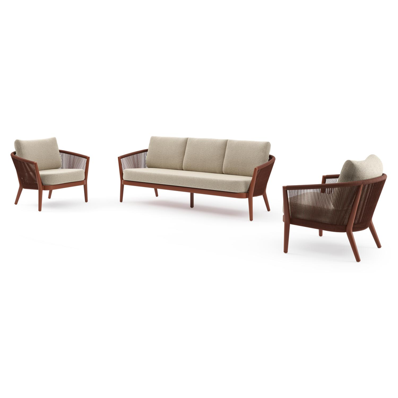Orso loungeset in roestbruin aluminium en roestbruin verticaal geweven ronde rope met Bora Forest all weather cosytica kussen