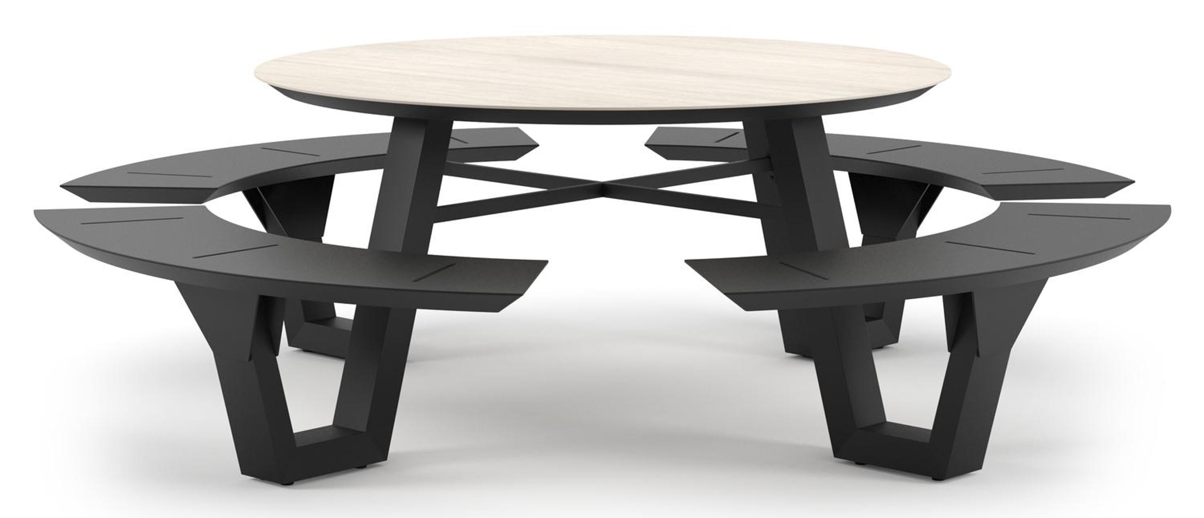 Rondino picknicktafel rond in zwart aluminium en volkeramiek Travertino Bianco - Dia. 236 x - Dia. 148 x H 72 cm