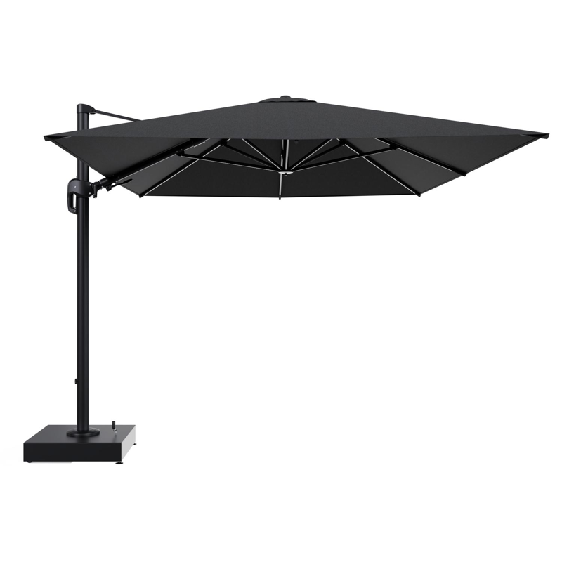 Rufina zweefparasol met tiltfunctie in zwart aluminium en Chartres Sooty All Weather Sunbrella® Luxe parasoldoek - L1 400 x L2 300 cm met parasolvoet Minore 150 kg met wielen