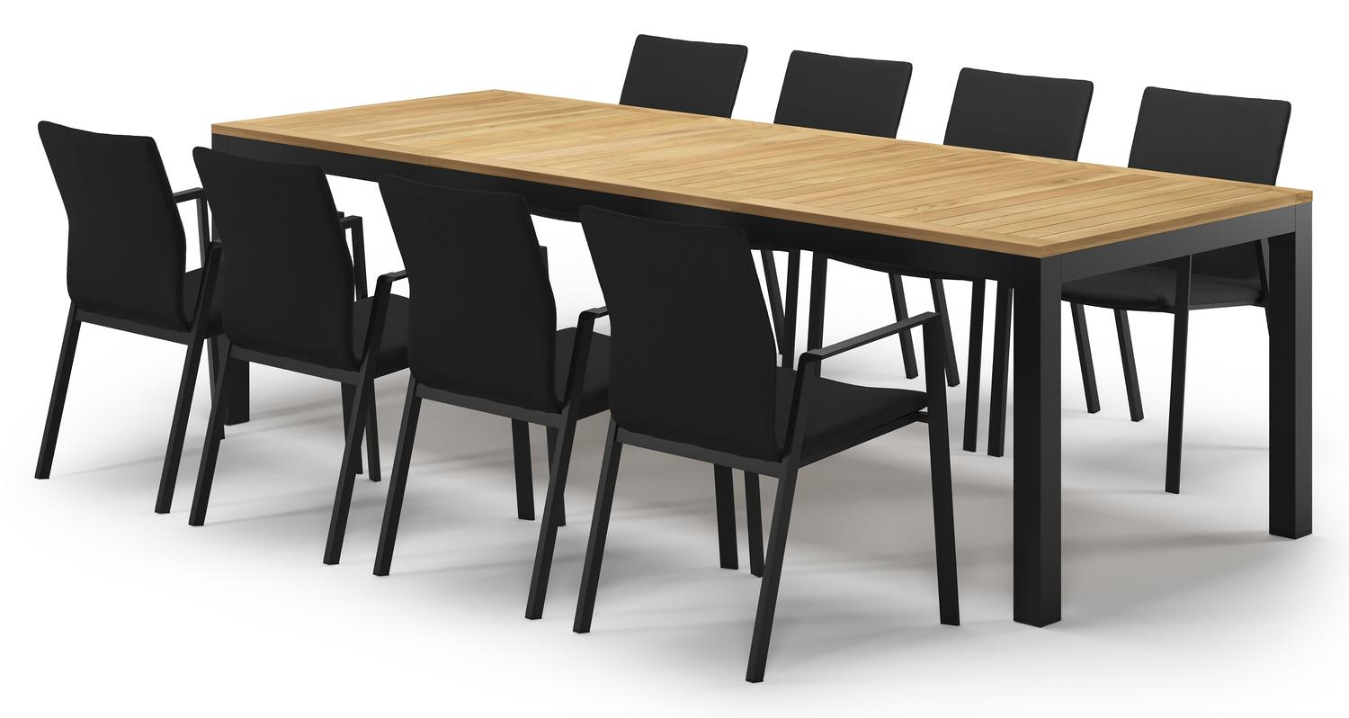 Varese tuinset in zwart aluminium en naturel teak tafelblad met 8 stapelbare Madura tuinstoelen