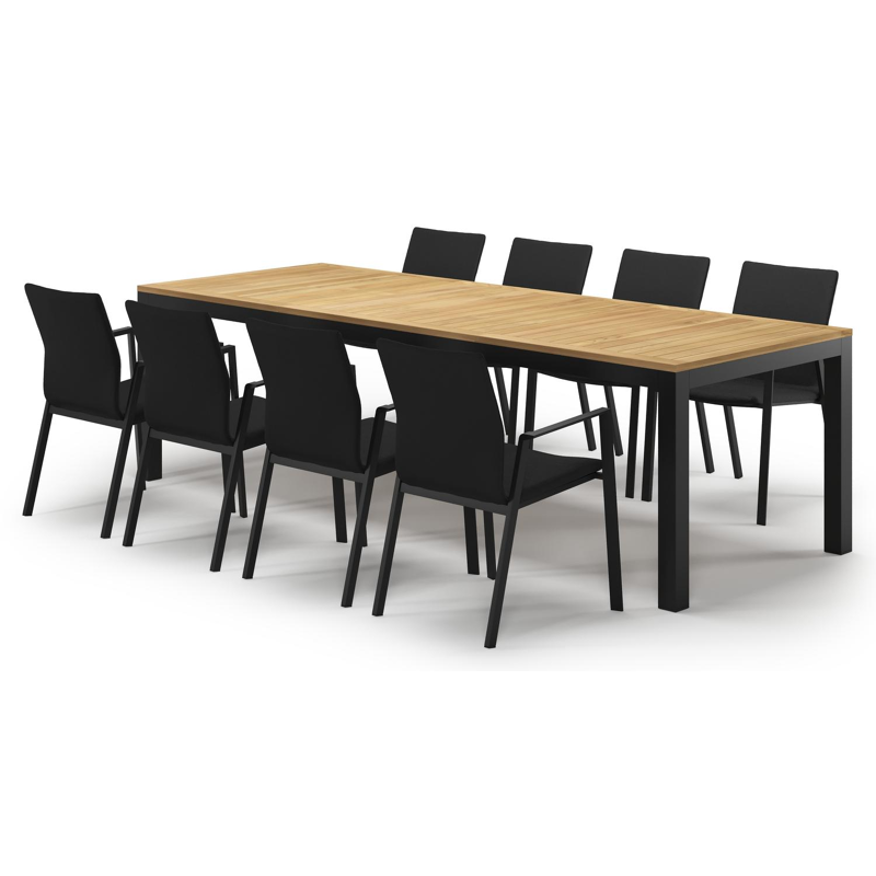 Varese tuinset in zwart aluminium en naturel teak tafelblad met 8 stapelbare Madura tuinstoelen
