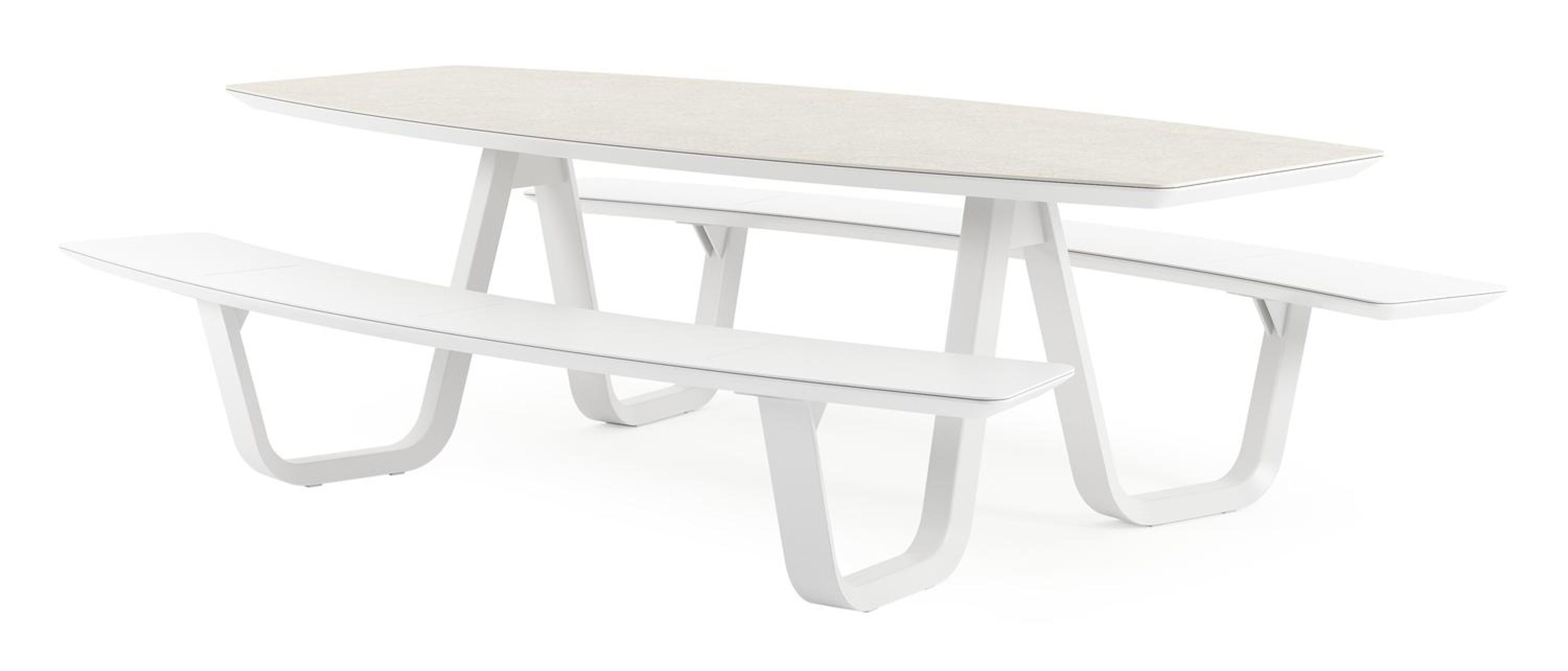 Table de pique-nique Forno forme de bateau en aluminium blanc et céramique pleine Shilin - Lg. 240 x Lrg. 181 x Haut. 72 cm
