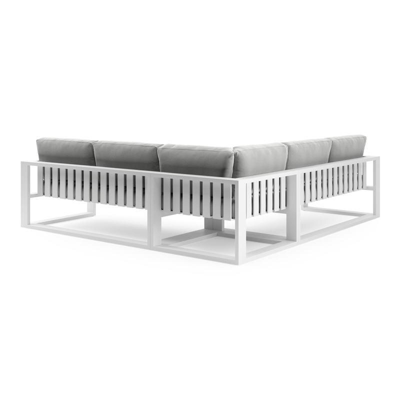 Verato loungehoek in wit aluminium met natte grey chine all weather sunbrella® luxe kussen