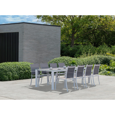 Trente tuinset in wit aluminium en grijs keramisch glas tafelblad met 8 stapelbare Calobra tuinstoelen