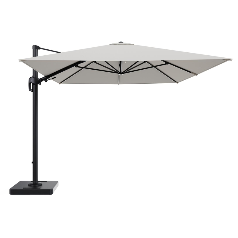 Rufina zweefparasol tiltfunctie in zwart aluminium en parasoldoek in All Weather Sunbrella® Luxe Lopi Marble - L1 400 x L2 300 cm met parasolvoet Lapido 160 kg